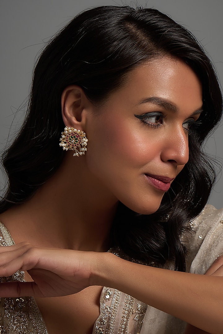 Gold Finish Kundan Polki Stud Earrings by Adityam Jewels at Pernia's Pop Up Shop