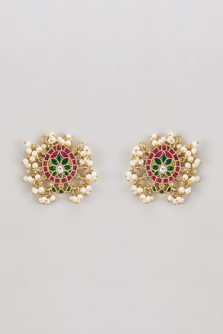 Gold Finish Kundan Polki Stud Earrings by Adityam Jewels at Pernia's Pop Up Shop