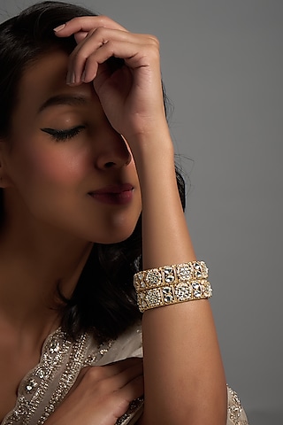 Gold Finish Kundan Polki Bangles (Set of 2) by Adityam Jewels