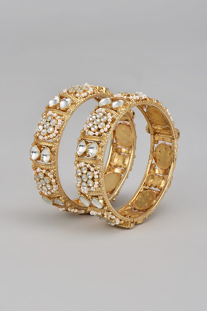 Gold Finish Kundan Polki Bangles (Set of 2) by Adityam Jewels at Pernia's Pop Up Shop