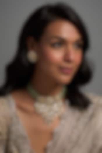 Gold Finish Kundan & Mother Of Pearl Choker Necklace Set by Adityam Jewels