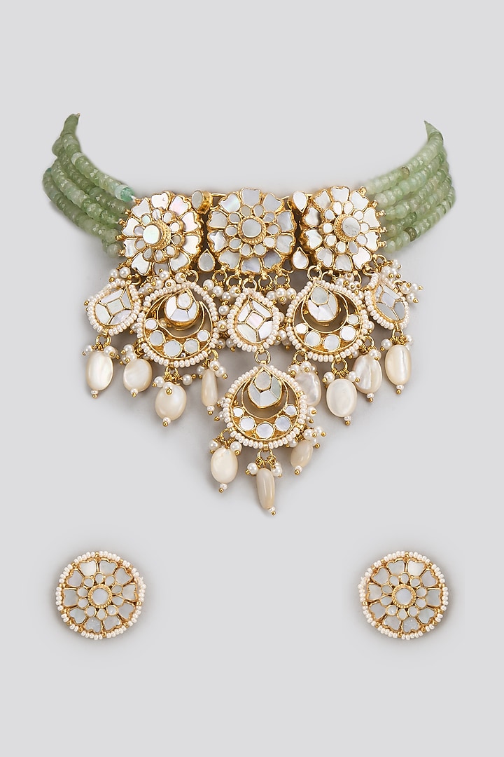 Gold Finish Kundan & Mother Of Pearl Choker Necklace Set by Adityam Jewels at Pernia's Pop Up Shop