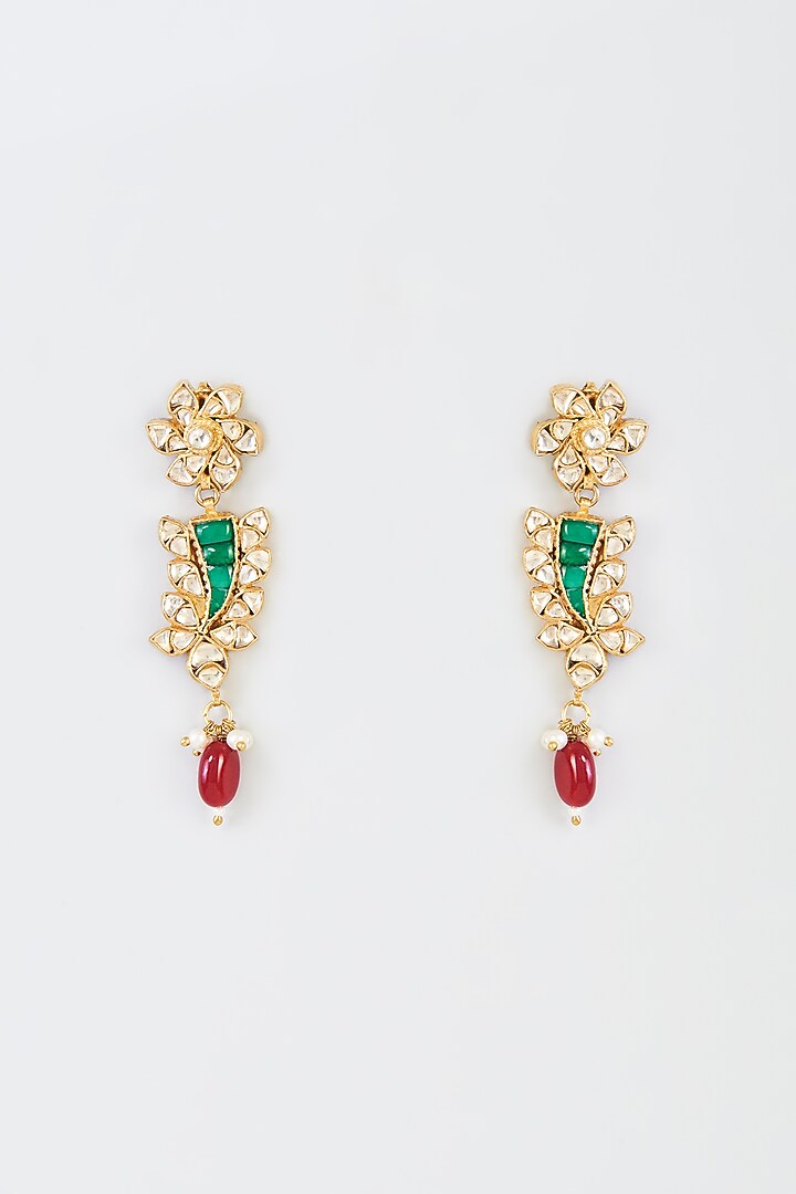 Gold Finish Red & Green Kundan Polki Dangler Earrings by Adityam Jewels at Pernia's Pop Up Shop