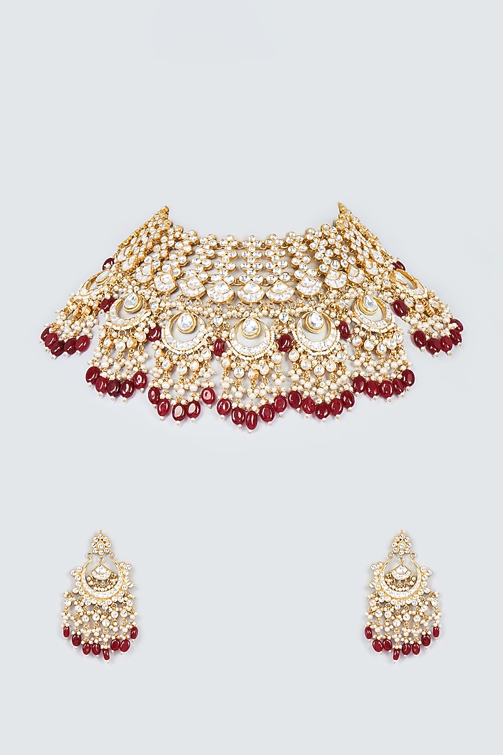 Gold Finish Red Kundan Polki Necklace Set by Adityam Jewels at Pernia's Pop Up Shop