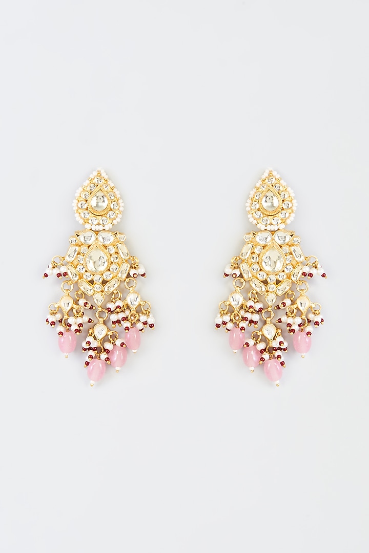 Gold Finish Pink Kundan Polki Dangler Earrings With Maang Tikka by Adityam Jewels at Pernia's Pop Up Shop