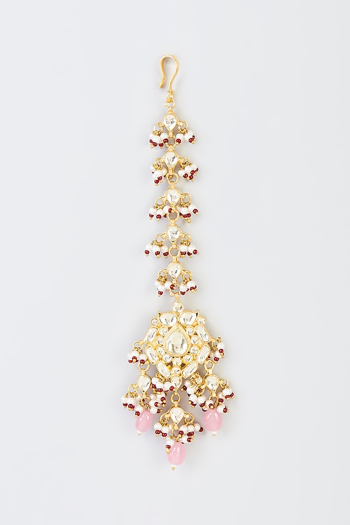 Gold Finish Pink Kundan Polki Dangler Earrings With Maang Tikka by Adityam Jewels at Pernia's Pop Up Shop