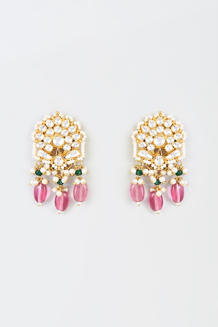 Gold Finish Kundan Polki & Pink Drop Dangler Earrings by Adityam Jewels at Pernia's Pop Up Shop