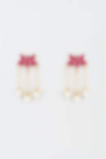 Gold Finish Red Kundan Polki Lotus Dangler Earrings by Adityam Jewels