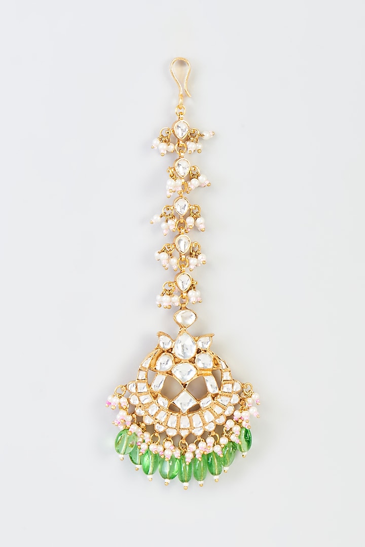 Gold Finish Kundan Polki Maang Tikka by Adityam Jewels at Pernia's Pop Up Shop