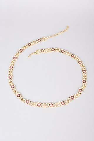 Gold Finish Red Kundan Polki Waist Belt by Adityam Jewels