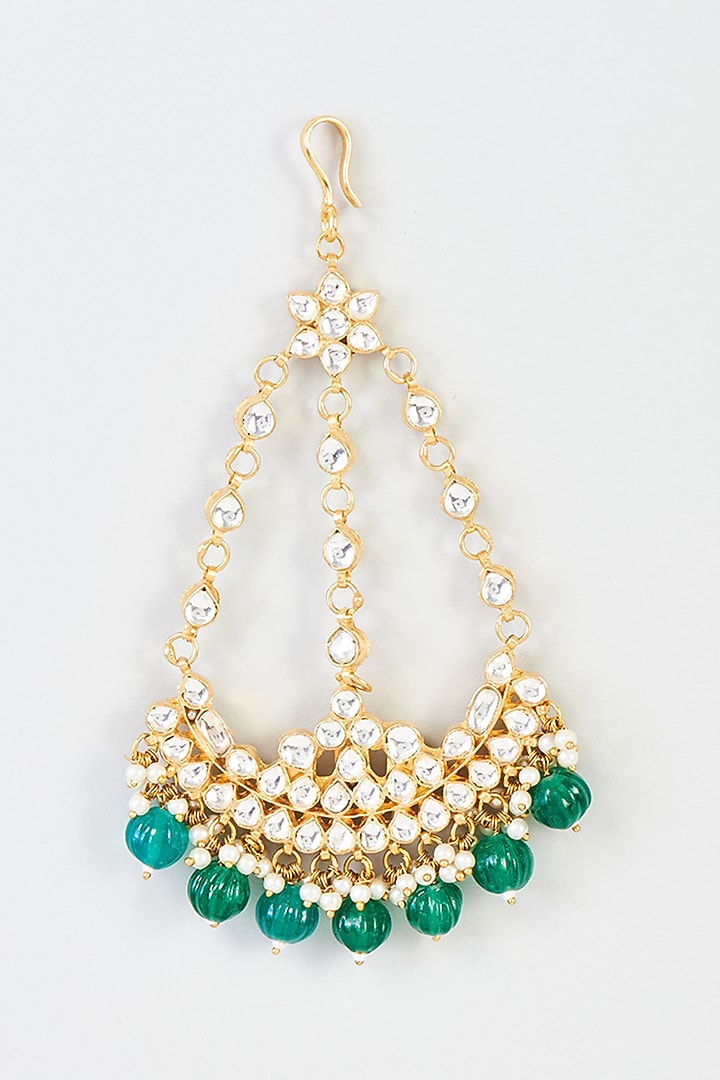 Gold Finish Kundan Polki & Green Drop Pasa by Adityam Jewels at Pernia's Pop Up Shop