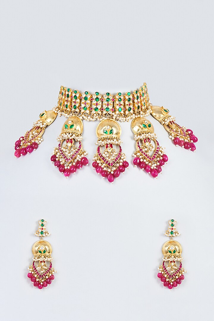 Gold Finish Green Kundan Polki & Red Drop Choker Necklace Set by Adityam Jewels at Pernia's Pop Up Shop