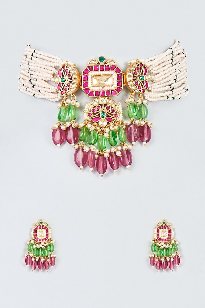 Gold Finish Kundan Polki Choker Necklace Set by Adityam Jewels