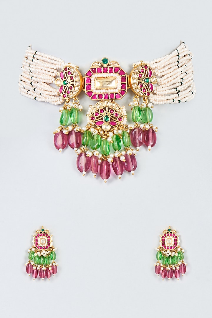 Gold Finish Kundan Polki Choker Necklace Set by Adityam Jewels at Pernia's Pop Up Shop