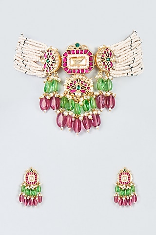 Gold Finish Kundan Polki Choker Necklace Set by Adityam Jewels