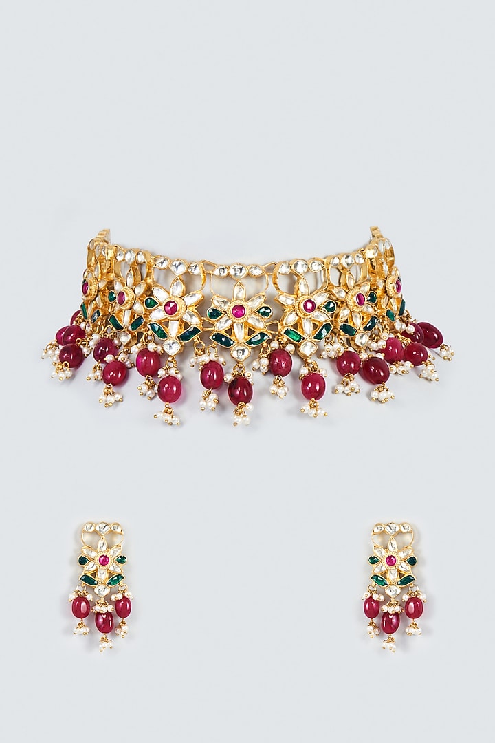 Gold Finish Kundan Polki & Red Drop Choker Necklace Set by Adityam Jewels at Pernia's Pop Up Shop
