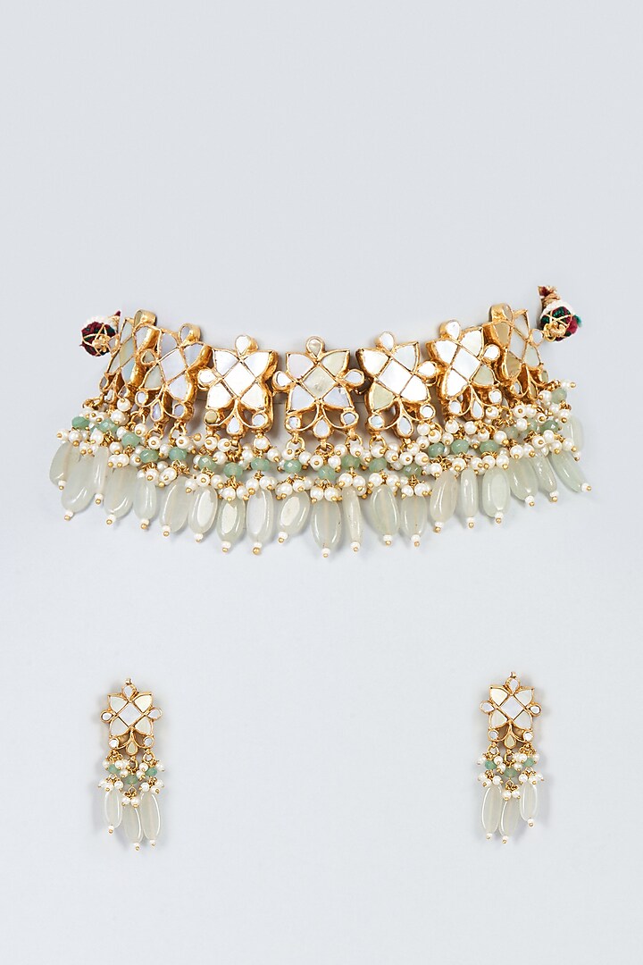 Gold Finish Mother Of Pearl Choker Necklace Set by Adityam Jewels at Pernia's Pop Up Shop