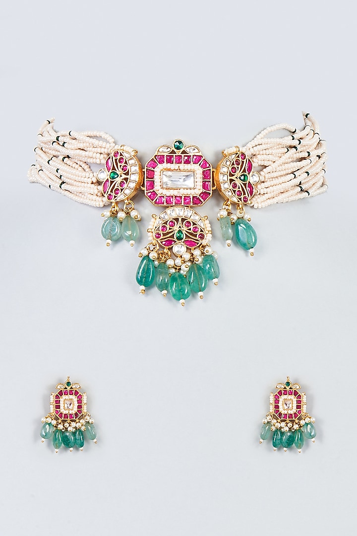 Gold Finish Kundan Polki & Green Drop Choker Necklace Set by Adityam Jewels