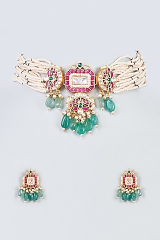 Gold Finish Kundan Polki & Green Drop Choker Necklace Set by Adityam Jewels