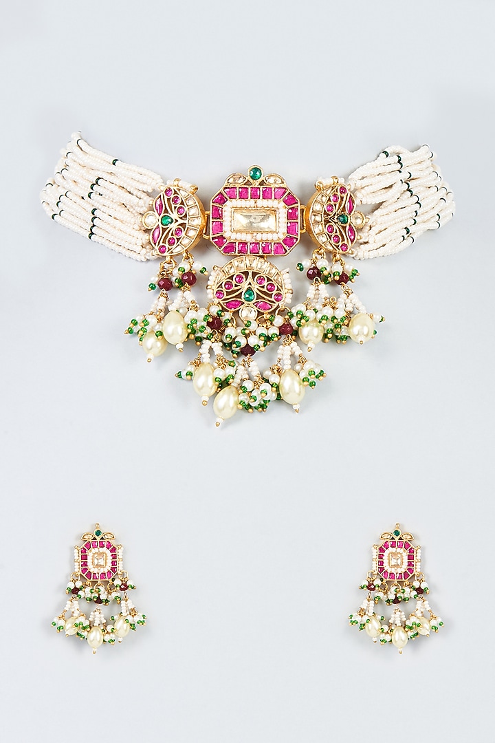 Gold Finish Red Kundan Polki Choker Necklace Set by Adityam Jewels at Pernia's Pop Up Shop