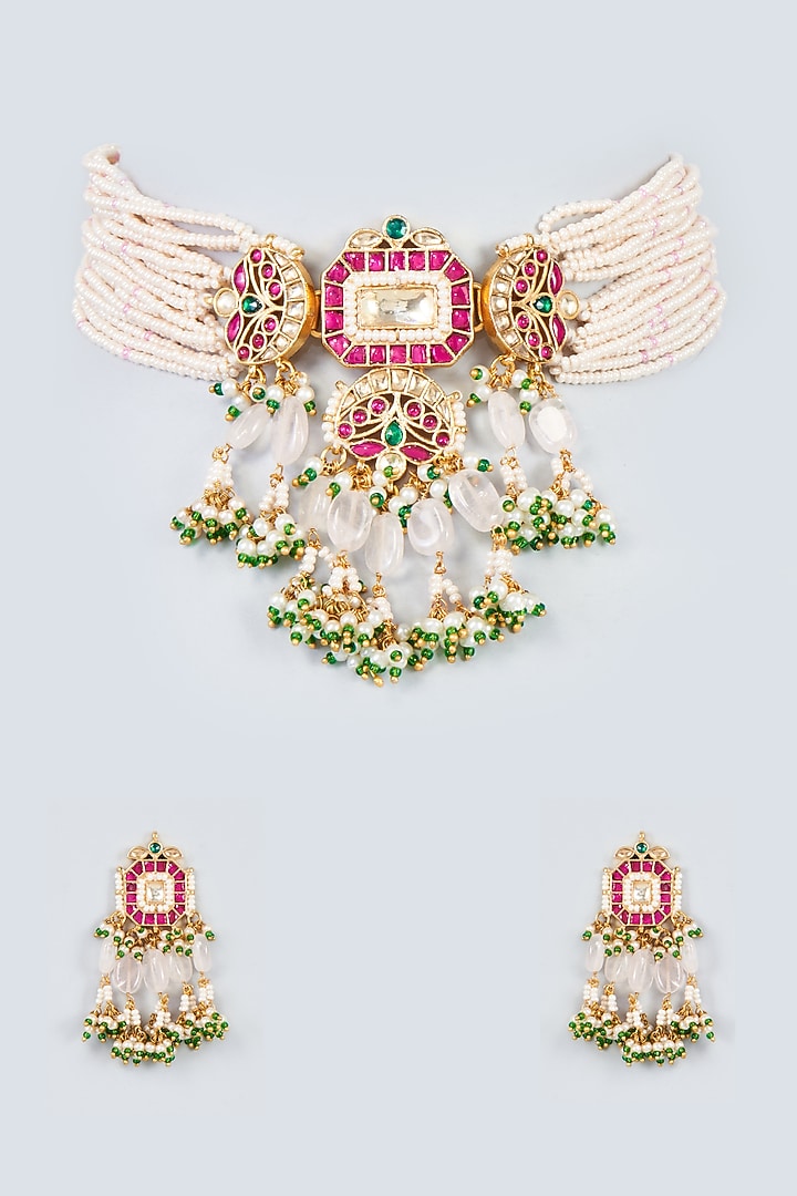 Gold Finish Red Kundan Polki Choker Necklace Set by Adityam Jewels at Pernia's Pop Up Shop