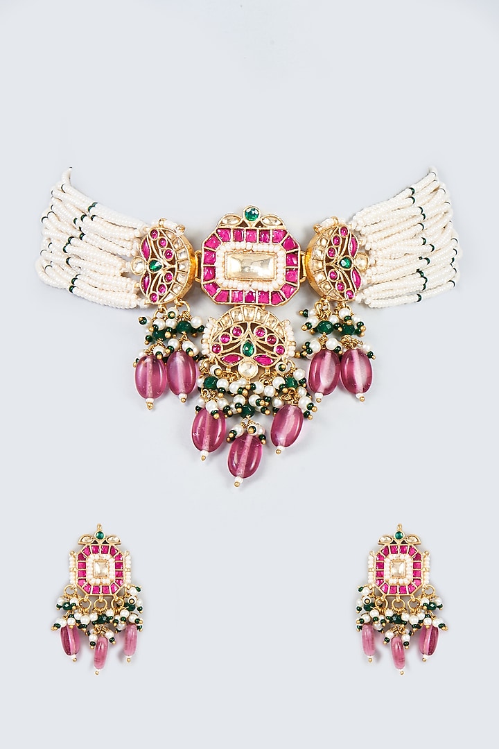 Gold Finish Red Kundan Polki Choker Necklace Set by Adityam Jewels at Pernia's Pop Up Shop