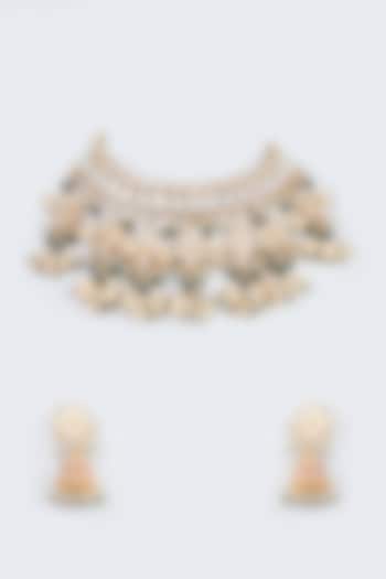 Gold Finish White Kundan Polki Choker Necklace Set by Adityam Jewels at Pernia's Pop Up Shop