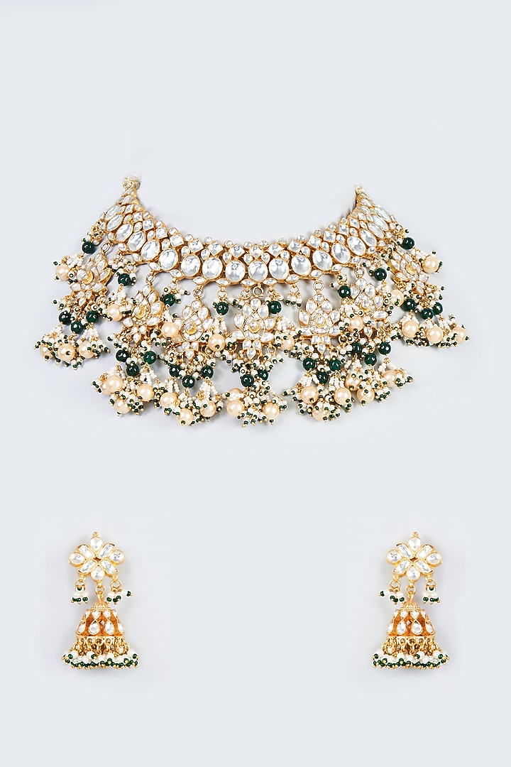 Gold Finish White Kundan Polki Choker Necklace Set by Adityam Jewels at Pernia's Pop Up Shop