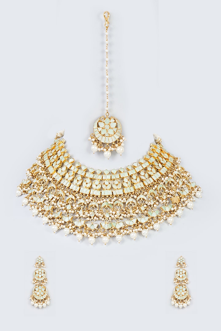Gold Finish Aqua Kundan Polki Necklace Set by Adityam Jewels at Pernia's Pop Up Shop