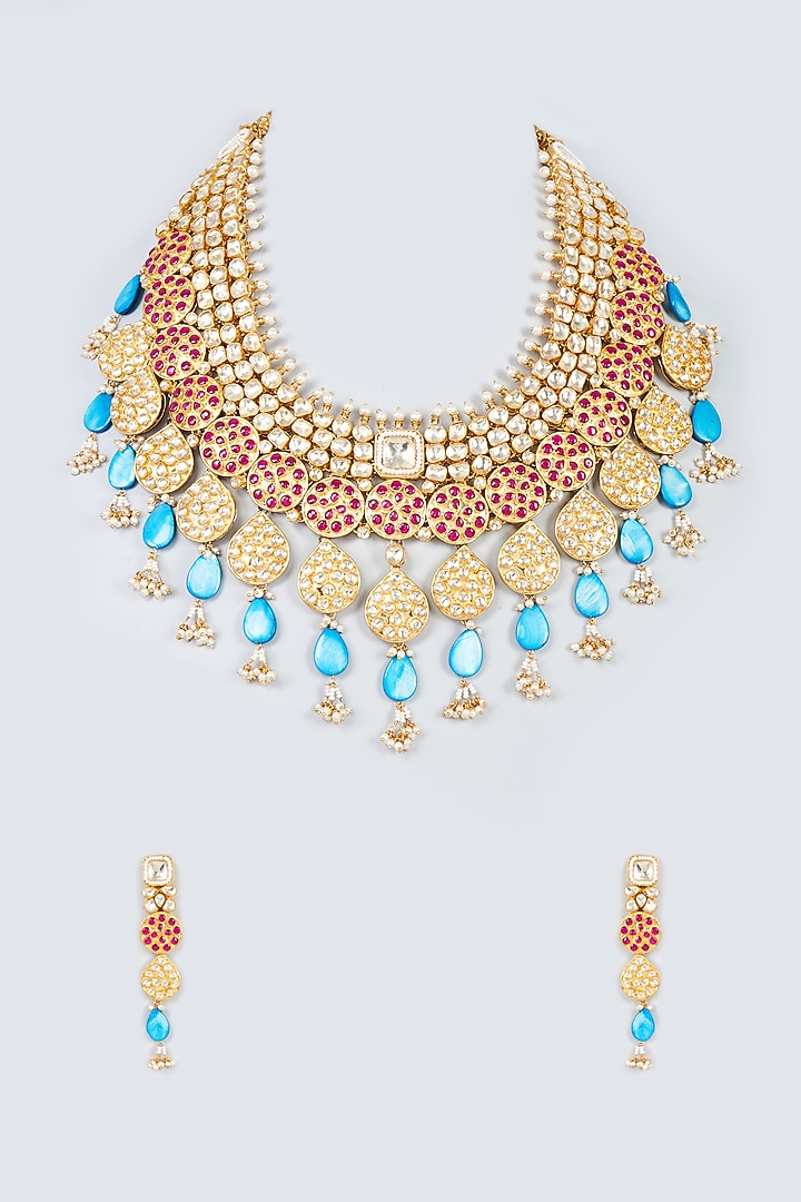 Gold Finish Multi-Colored Kundan Polki Long Necklace Set by Adityam Jewels at Pernia's Pop Up Shop