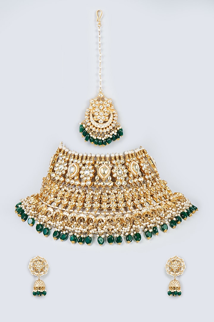 Gold Finish White Kundan Polki & Green Drop Necklace Set by Adityam Jewels at Pernia's Pop Up Shop