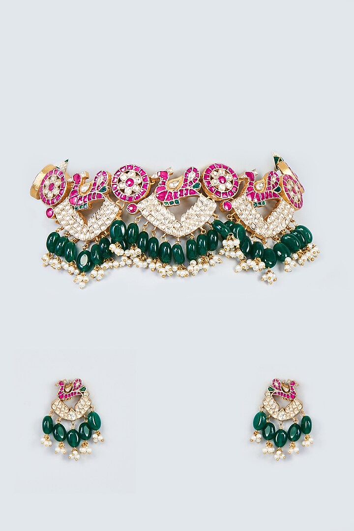 Gold Finish Red Kundan Polki & Peacock Motif Necklace Set by Adityam Jewels at Pernia's Pop Up Shop