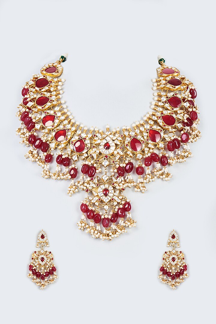 Gold Finish Red Kundan Polki Necklace Set by Adityam Jewels at Pernia's Pop Up Shop