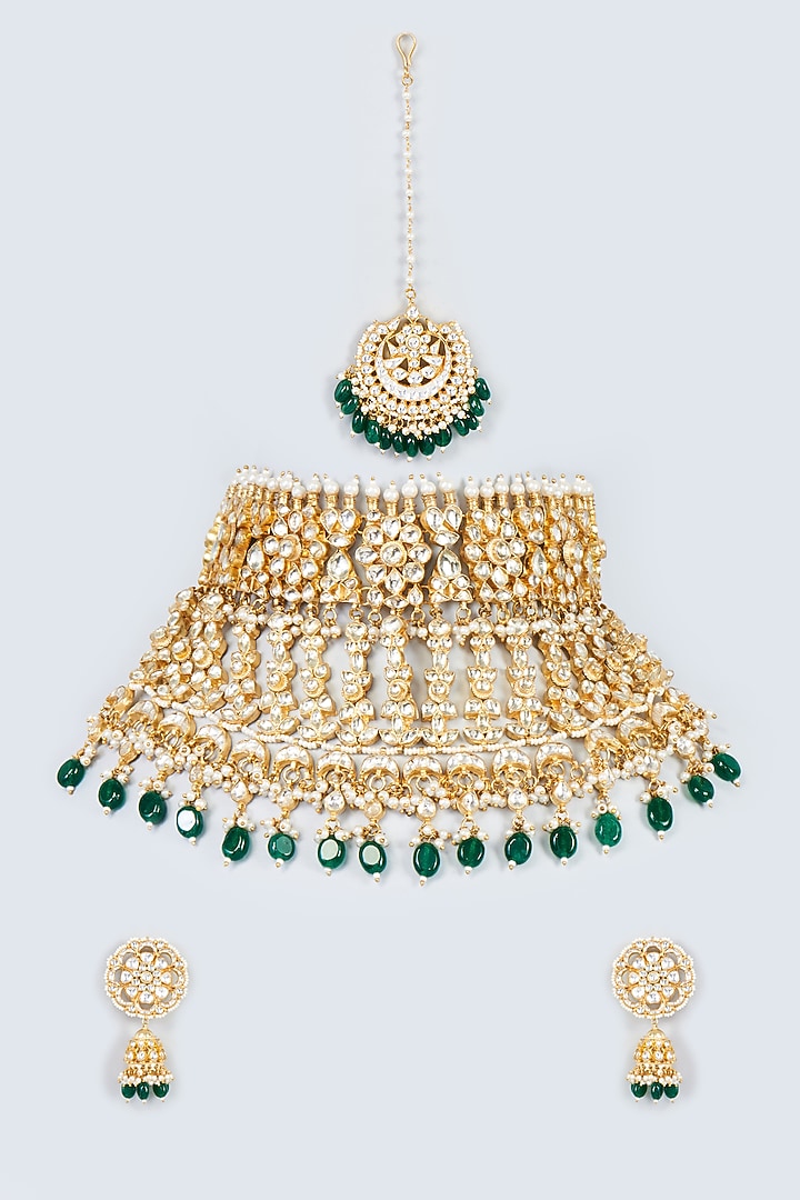 Gold Finish White Kundan Polki & Green Drop Necklace Set by Adityam Jewels at Pernia's Pop Up Shop
