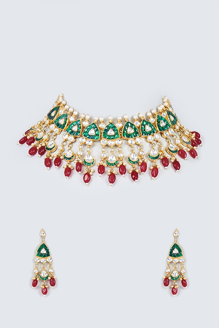 Gold Finish Green Kundan Polki & Red Drop Necklace Set by Adityam Jewels at Pernia's Pop Up Shop