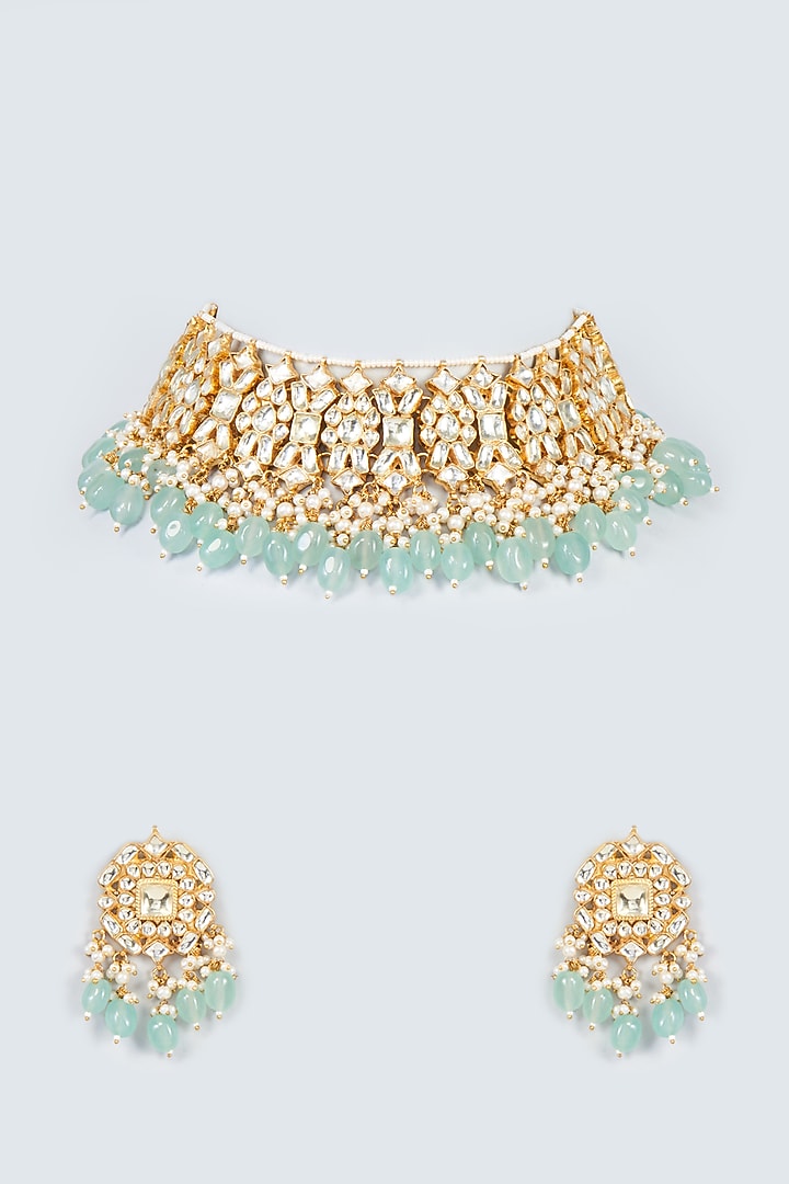 Gold Finish White Kundan Polki Necklace Set by Adityam Jewels at Pernia's Pop Up Shop