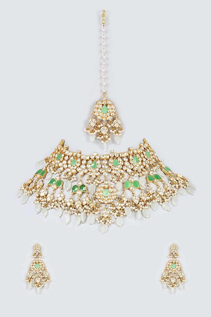 Gold Finish Multi-Colored Kundan Polki Necklace Set by Adityam Jewels at Pernia's Pop Up Shop