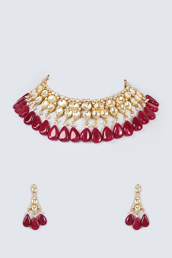Gold Finish White Kundan Polki & Red Drop Necklace Set by Adityam Jewels at Pernia's Pop Up Shop