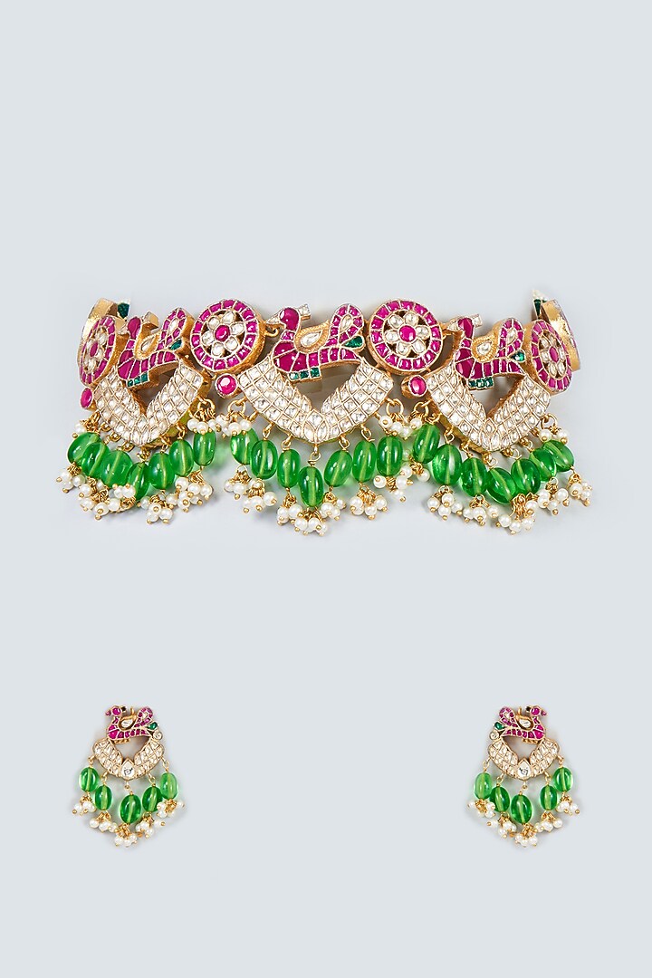 Gold Finish Red Kundan Polki & Peacock Motif Necklace Set by Adityam Jewels at Pernia's Pop Up Shop