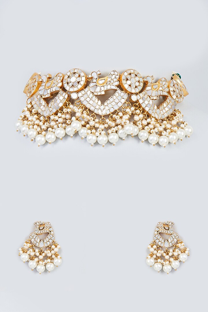 Gold Finish White Mother Of Pearl Choker Necklace Set by Adityam Jewels at Pernia's Pop Up Shop