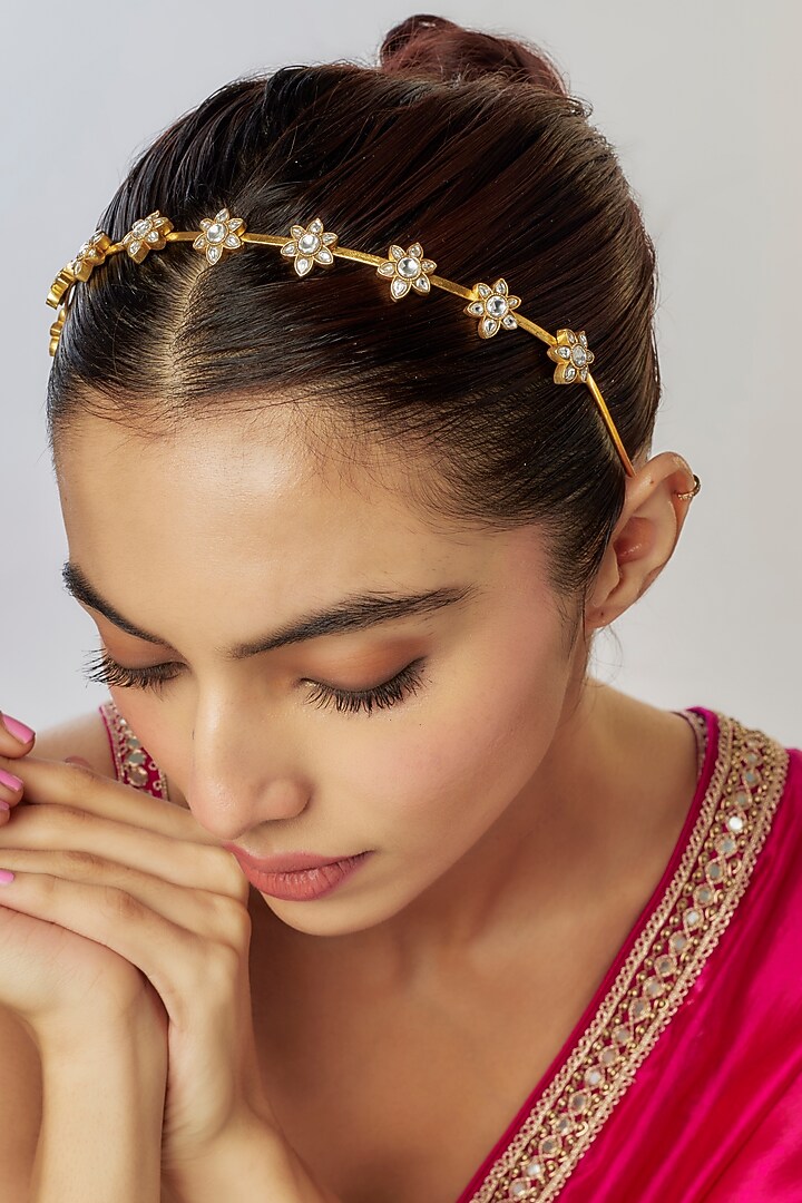Gold Finish Kundan Polki Floral Motif Hairband by Adityam Jewels at Pernia's Pop Up Shop