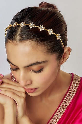 Gold Finish Kundan Polki Floral Motif Hairband by Adityam Jewels