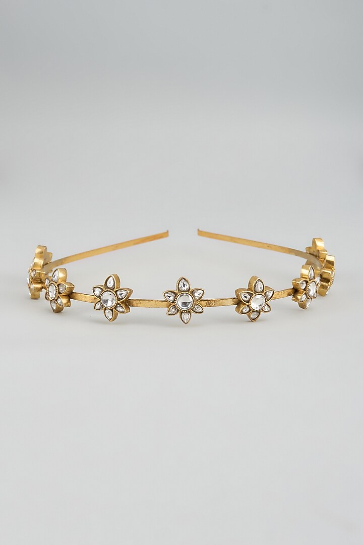 Gold Finish Kundan Polki Floral Motif Hairband by Adityam Jewels at Pernia's Pop Up Shop