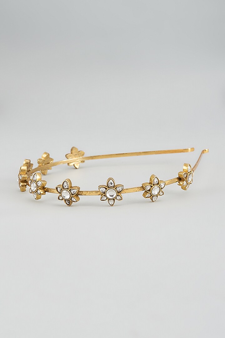 Gold Finish Kundan Polki Floral Motif Hairband by Adityam Jewels at Pernia's Pop Up Shop