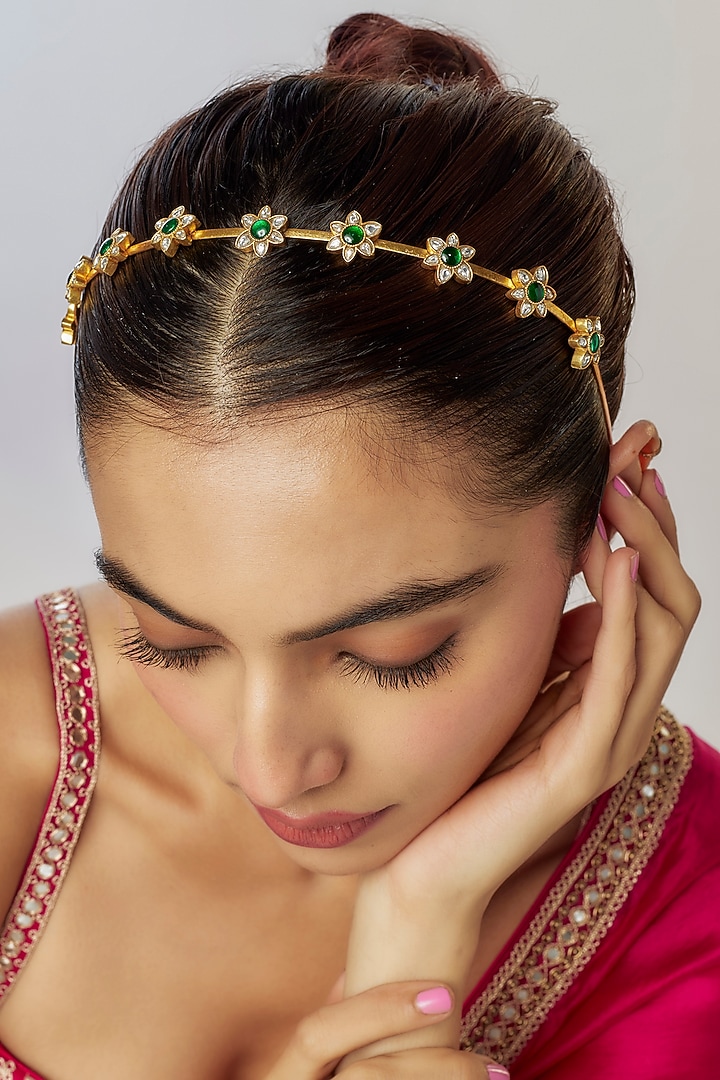 Gold Finish Kundan Polki Floral Motif Hairband by Adityam Jewels at Pernia's Pop Up Shop
