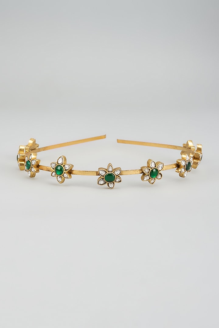 Gold Finish Kundan Polki Floral Motif Hairband by Adityam Jewels at Pernia's Pop Up Shop