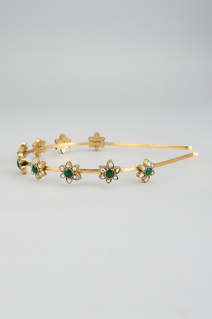 Gold Finish Kundan Polki Floral Motif Hairband by Adityam Jewels at Pernia's Pop Up Shop