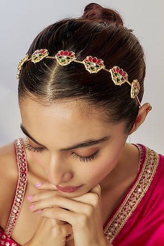 Gold Finish Kundan Polki Lotus Motif Hairband by Adityam Jewels