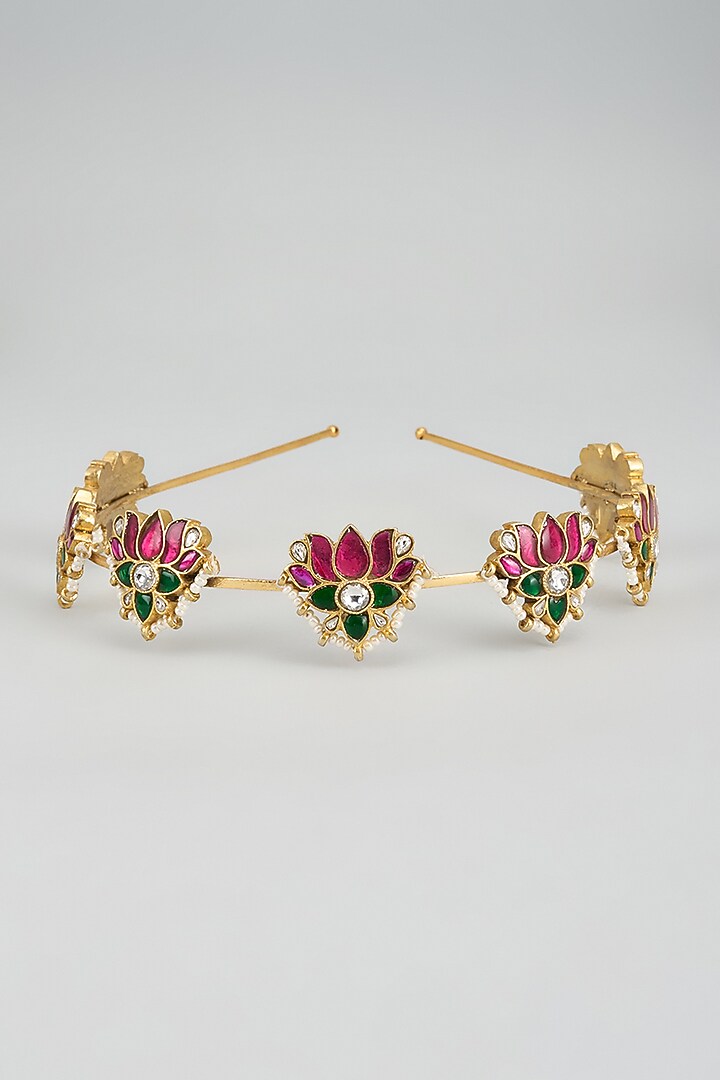 Gold Finish Kundan Polki Lotus Motif Hairband by Adityam Jewels at Pernia's Pop Up Shop