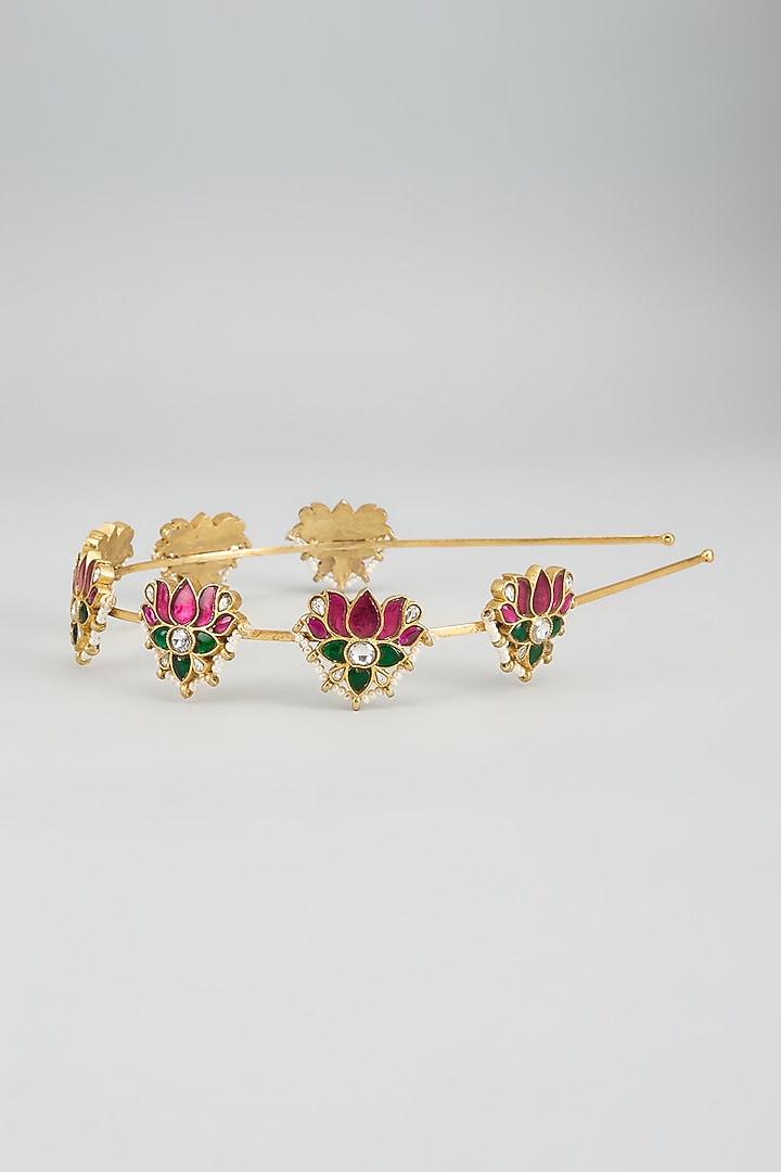 Gold Finish Kundan Polki Lotus Motif Hairband by Adityam Jewels at Pernia's Pop Up Shop